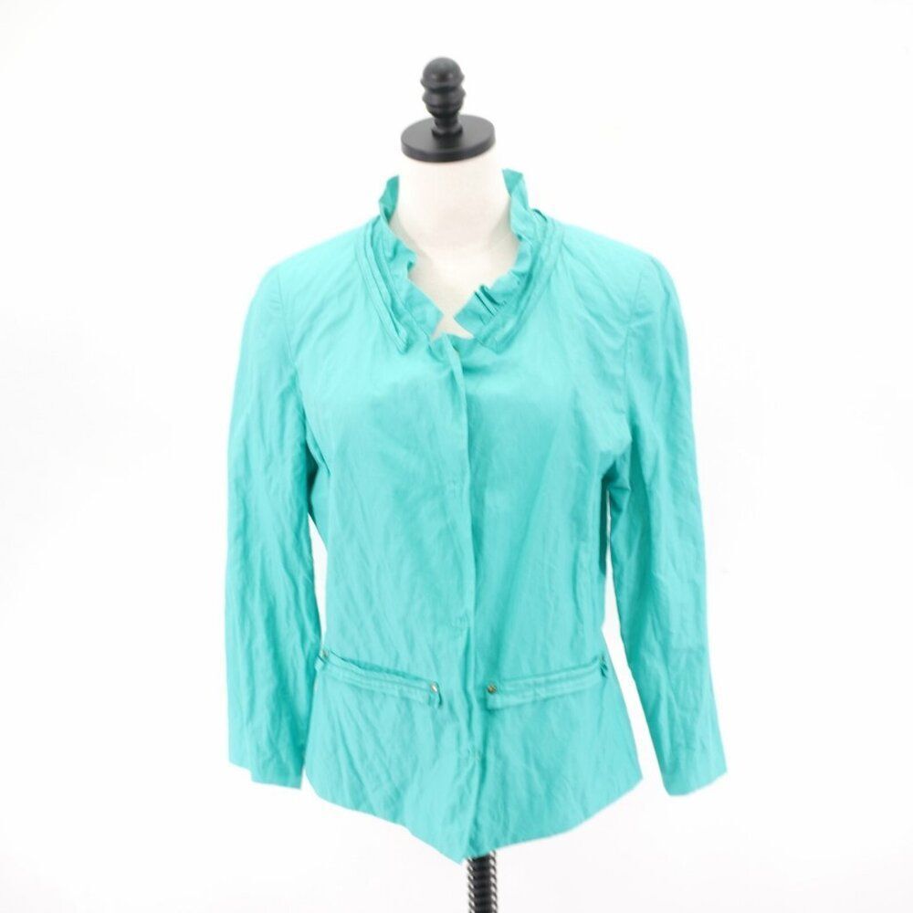 Tahari Teal Button Front Ruffle Neck Top / Jacket Size 14 Pockets Cotton Nylon
